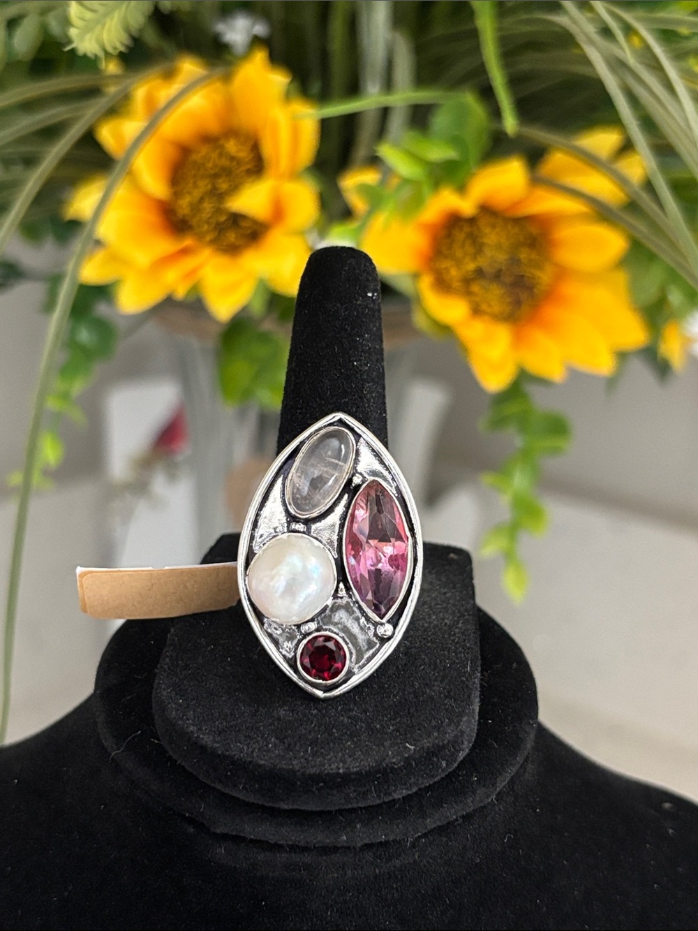 Multi-Stone Silver with Pink and Pearl Accents Size 8